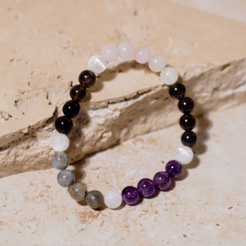 This combination of the crystal gemstones of Smoky Quartz, Rose Quartz, Selenite, Labradorite aid in Blood Pressure reduction, Asthma, Insomnia, Dreams, Sleep.